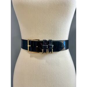Black Patent Leather Wide Waist Belt Gold Double Buckle Cinch Shiny, Size L